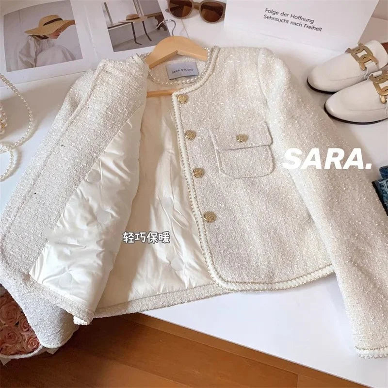 High-End Warm Down Cotton Jacket With Fragrance Tweed Woven Quilted Woolen Suit For Women Autumn Winter 2024 O-Neck Short Top