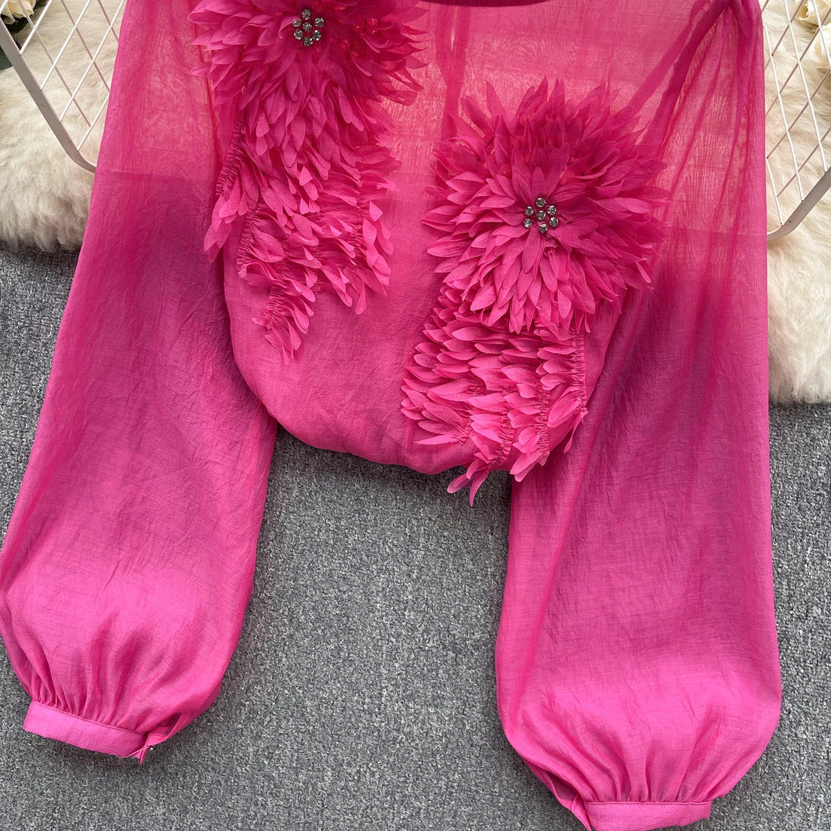 Sheer Floral Bohemian Long Sleeve Satin Blouse for Women