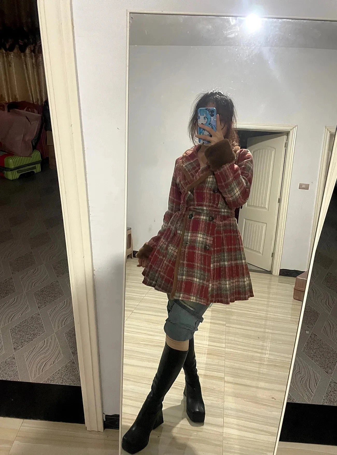 Women's Double Breasted Plaid Coat, Woolen Jacket , V-Neck, Loose Tops, Female Clothes, Sweet, New, Autumn, Winter