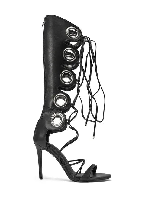 Versatile Casual High Heel Lace-Up Sandals with Circle Ring Decor Toe for Women