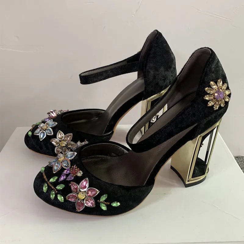 Handmade Rhinestone Embellished Crystal Flower Mary Janes for Women