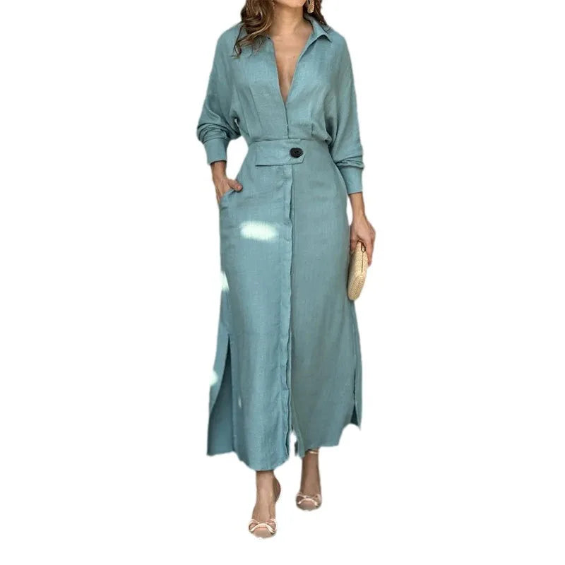 Autumn Elegant Long Sleeve V Neck Shirt Dress for Women