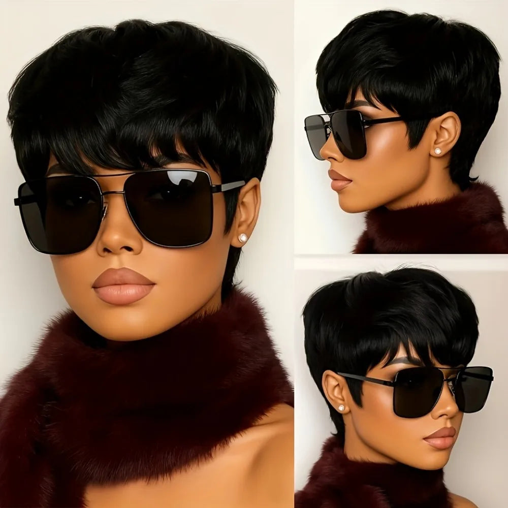 Natural Straight Human Hair Pixie Cut Wig With Bangs For Women
