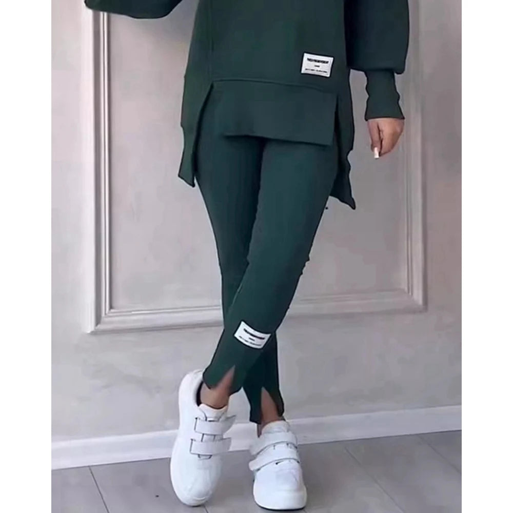Sporty O-neck Long Sleeve Asymmetrical Sweatshirt & Skinny Pants Set Two Piece Outfits Tracksuit Sets Fall Clothing