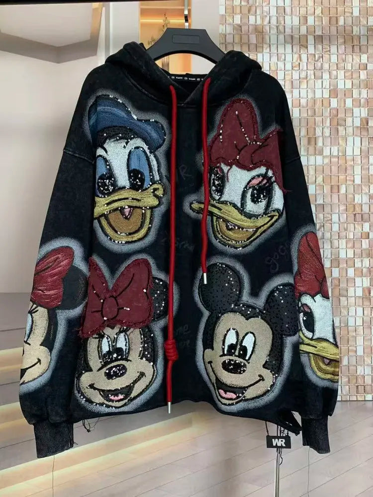 Fashion 2025 Autumn Heavy Industry Embroidery Cartoon Short Loose Hooded Sweatshirt For Women's Kawaii Clothes Lace-up Sudaderas