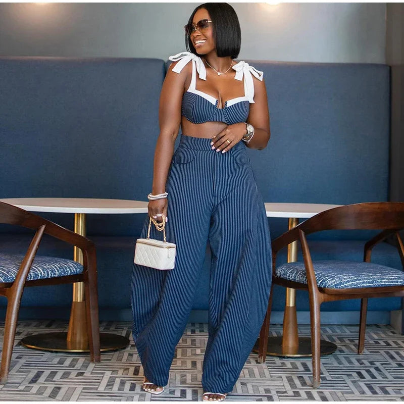 Striped Contrast Sleeveless Crop Top And Pants Set For Women
