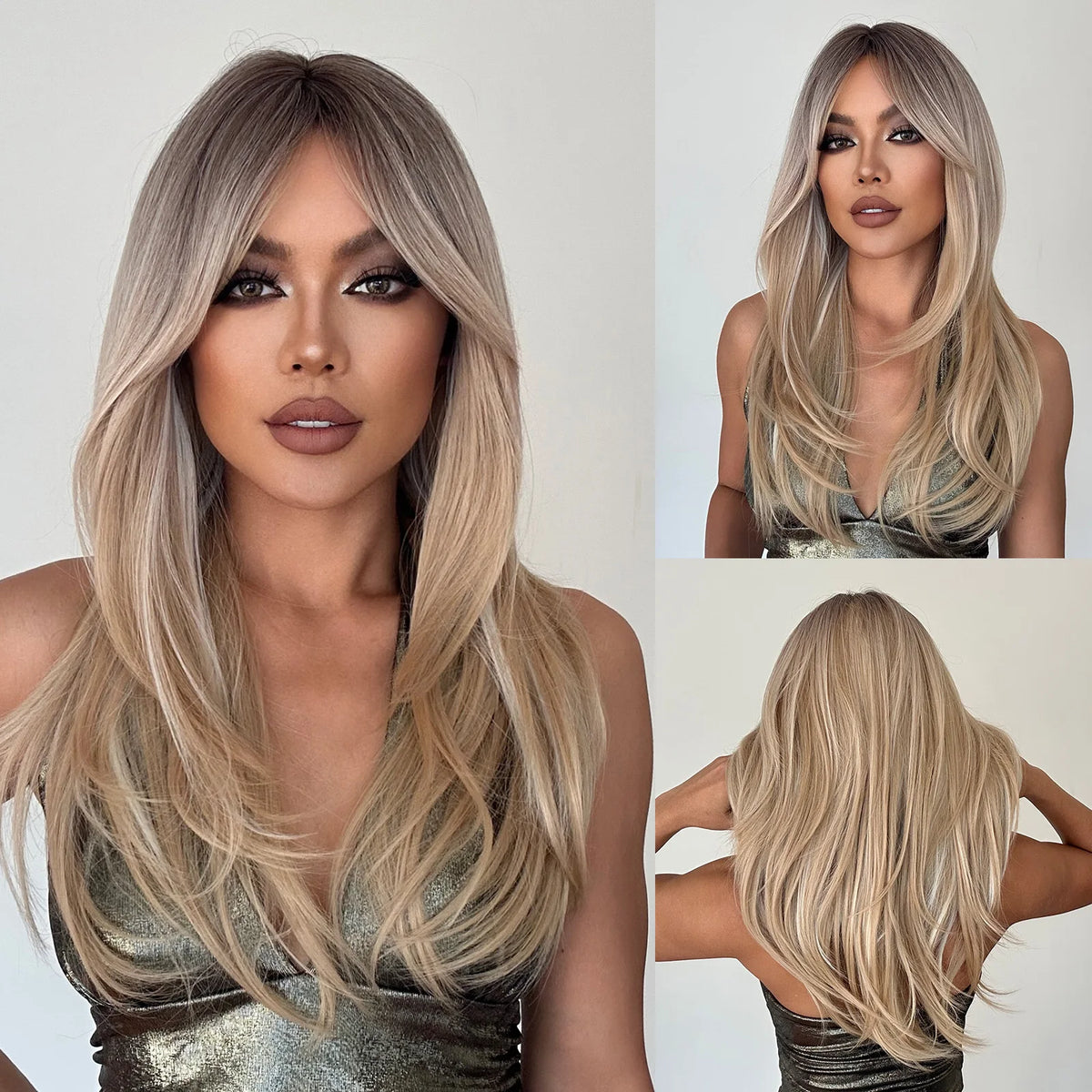 Long Straight Layered Blonde Wig With Bangs for Women