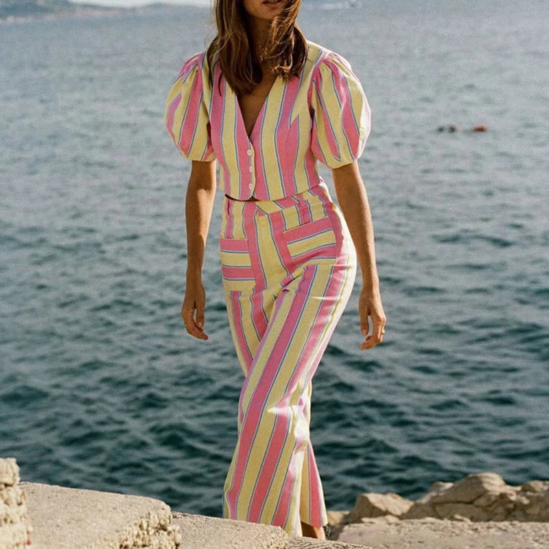 Elegant V-Neck Striped Cardigan And Pants Set for Women