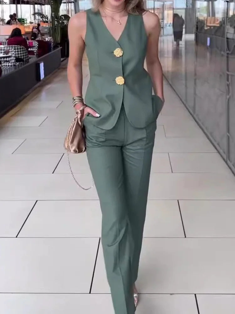 Women Summer Cardigan Top Chic Outfit, Solid Patchwork Wide Leg Pants Matching Sets, Sleeveless V Neck Ladies Suits Streetwear