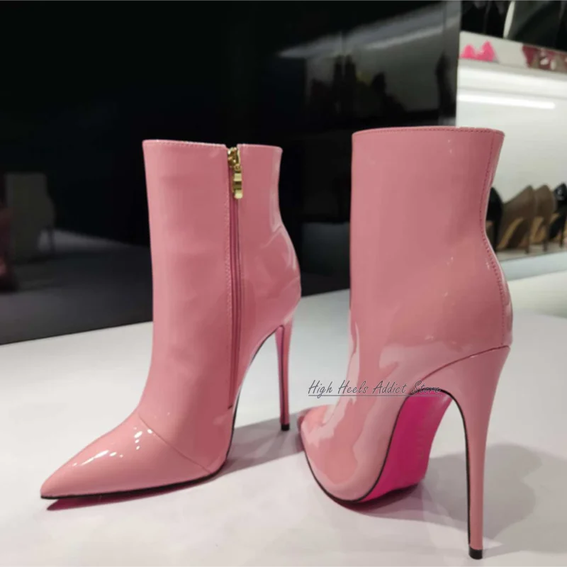 High Heel Pointed Toe Shiny Leather Ankle Boots For Women