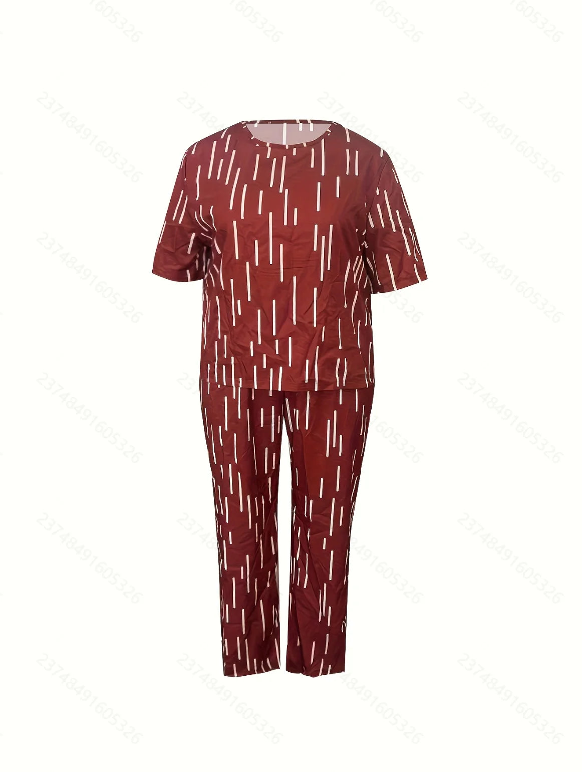 Wide leg pants set Short sleeve top Round neck Striped print Casual style Loose fit Burgundy Resort wear Simple and stylish Comf