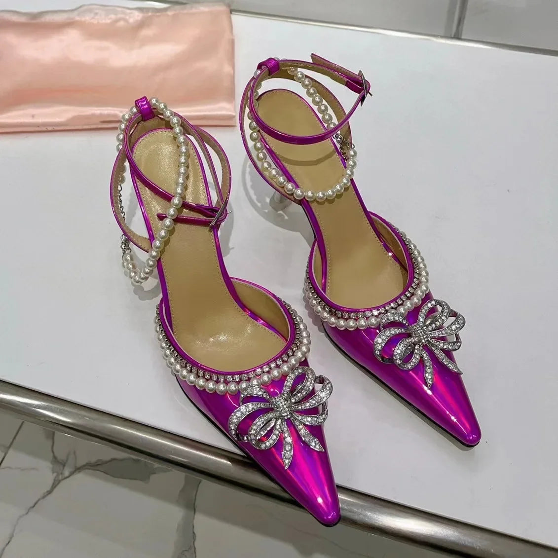 Candy Color Crystal Bow Pearls Buckle Sandals Design Women Rhinestones Bow Pointed Toe Pearls Buckle Slingback 8Cm Heel Sandals