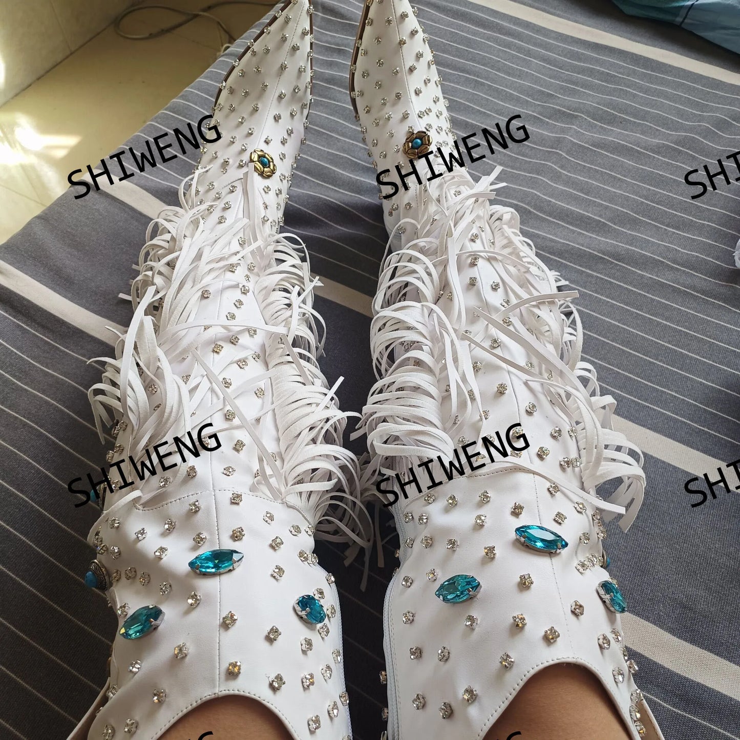 2025 Diamond Fringes Western Boots Women Sparkly Block High Heels Crystal Trim Shoes Ladies Winter Pointed Toe Knee High Boots