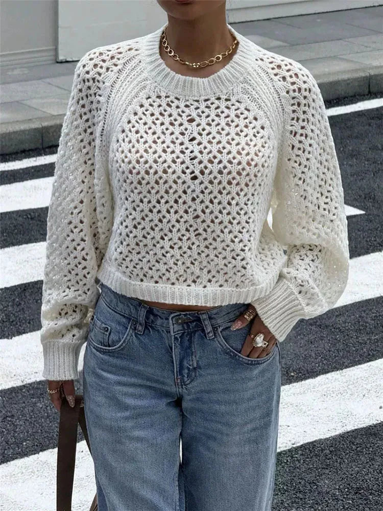 Long Sleeve Sheer Open Back Knit Sweater for Women