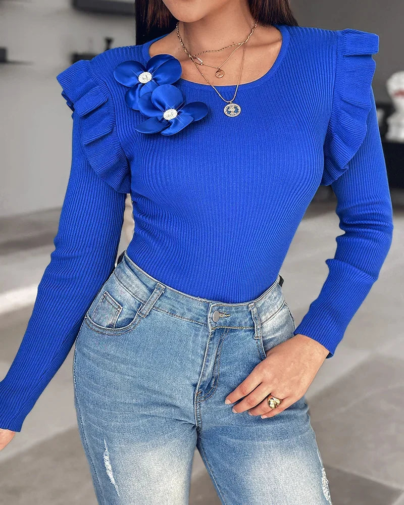 Long Sleeve Knit Tops Women Streetwear Solid Color Round Neck Floral Pattern Spliced Ruffle Hem Pit Striped Sweaters 2024 Autumn