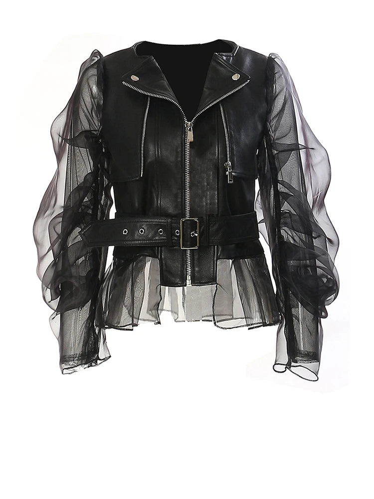 Elegant Loose Fit Black Faux Leather Lapel Jacket for Women