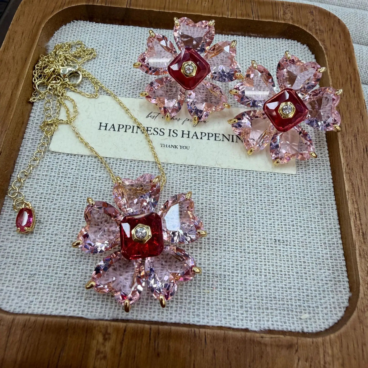 Crystal Flower Pendant Necklace and Earring Set for Women