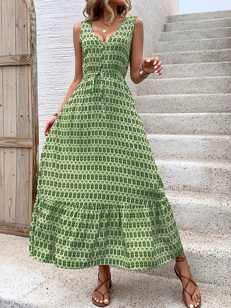 Printed Spaghetti Strap V-Neck Dress With Waist Tie for Women