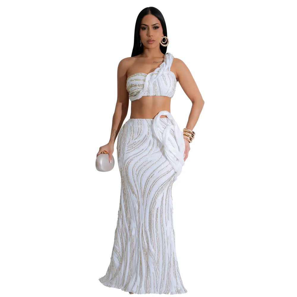 CM.YAYA Women’s Dress Set Mesh Sequined Ribbon Sleeveless Strap Top + Long Skirts Sets 2 Two Pcs Sets Sexy Party Evening Oufits