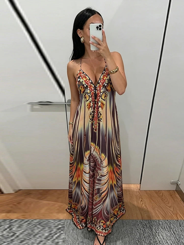 Beach Print Halter Neck Backless Long Dress for Women