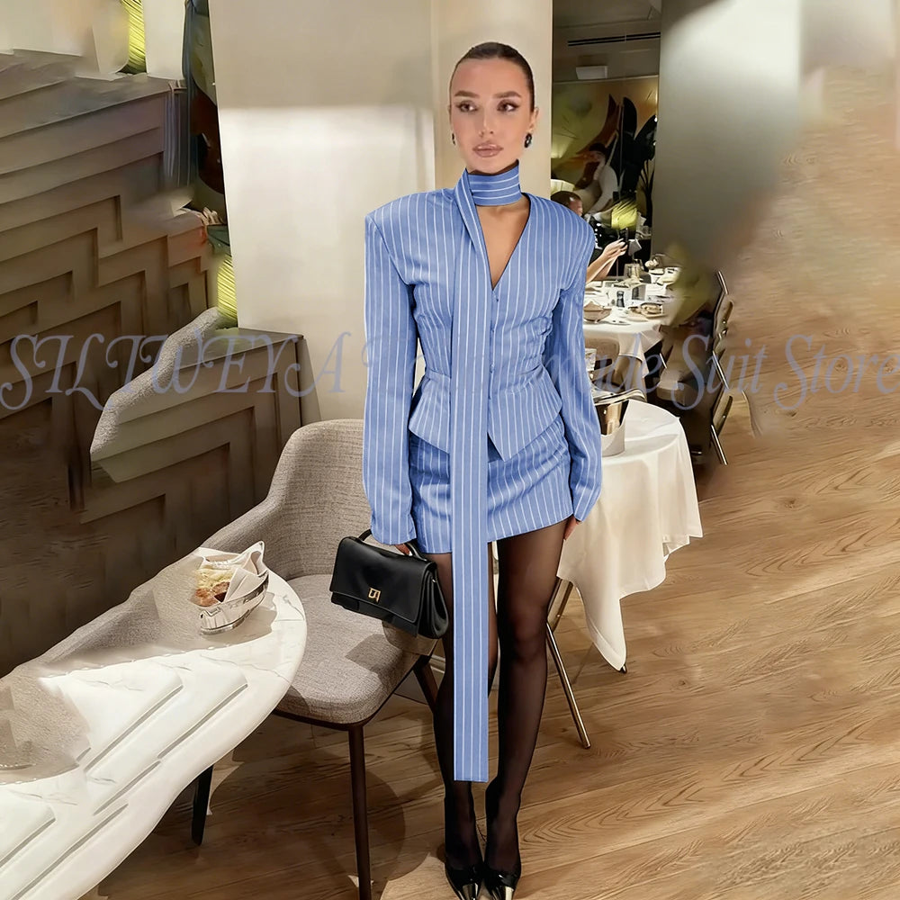 Single Breasted Blue Striped Blazer Skirt Set for Women