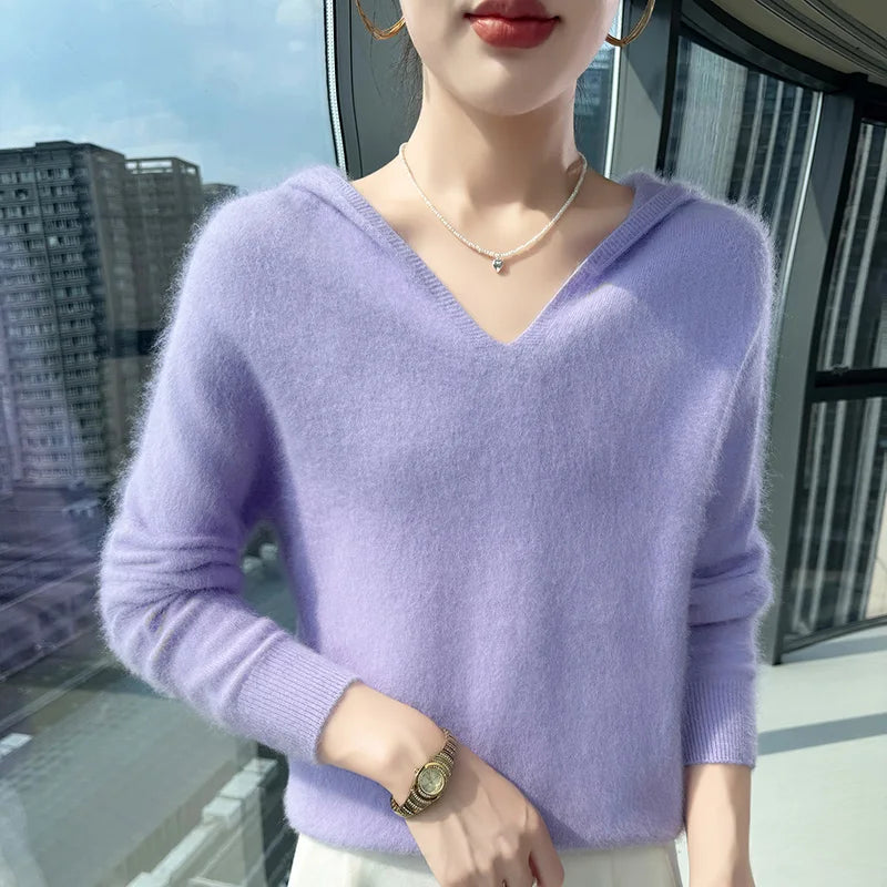 Loose Fit Thick Knit Hooded V-Neck Sweater for Women