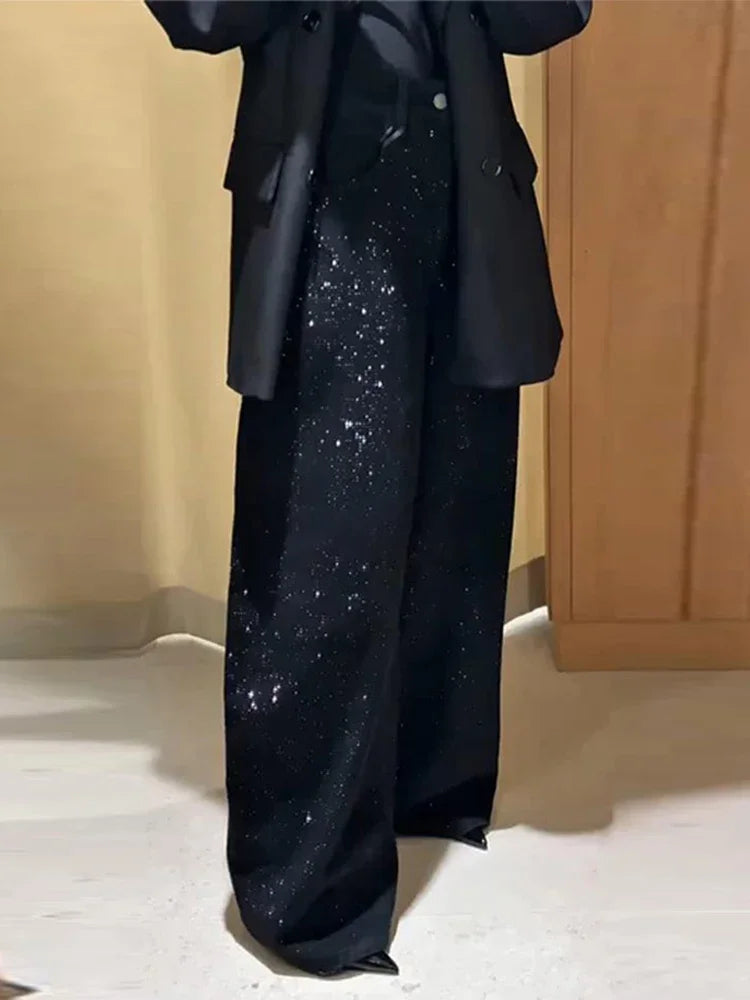Sequined High Waist Wide Leg Pants with Pockets for Women