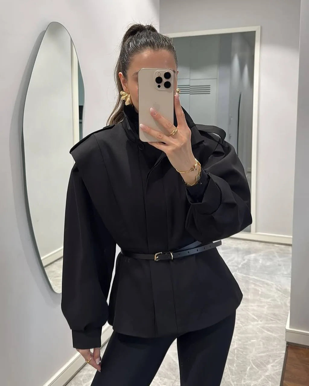 Elegant Short Trench Coat With Stand Collar for Women