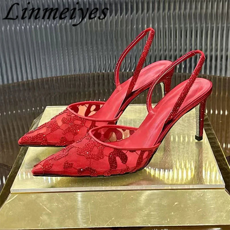 Rhinestone Mesh Pointed Toe Pumps