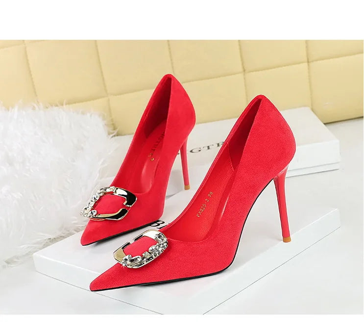 Elegant Rhinestone Buckle Suede High Heel Pumps for Women