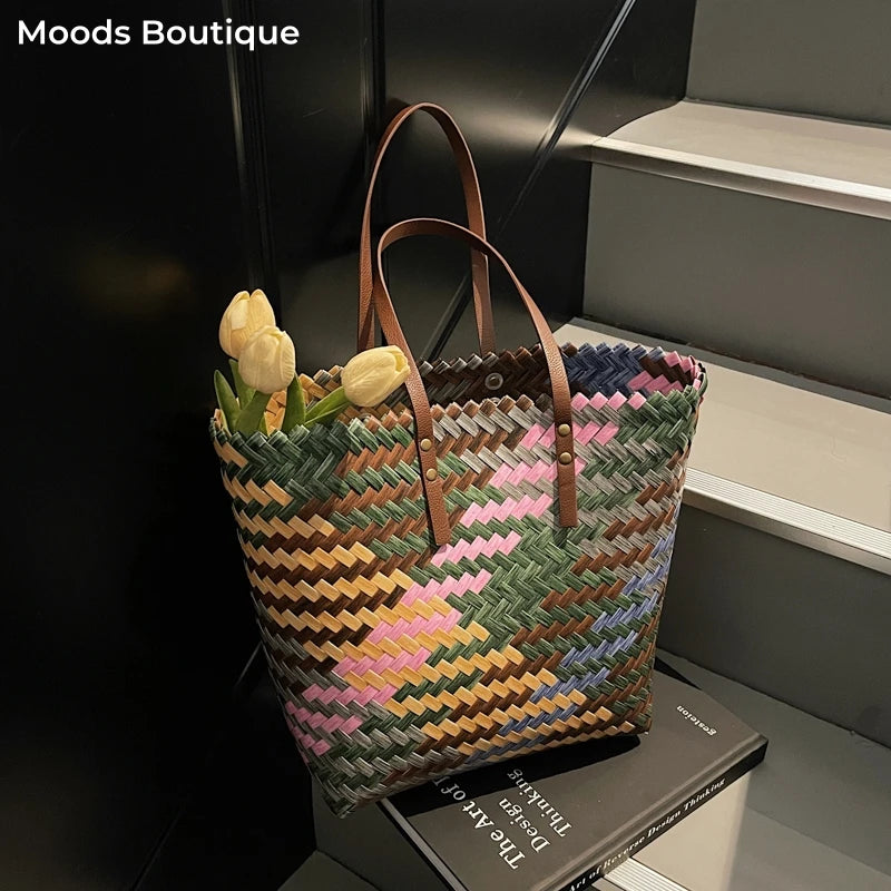 Colorful Braided PVC Tote Bag for Women With Large Capacity