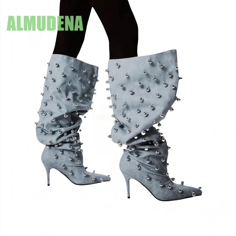 Minimalist Rivet Pointed Toe Mid Calf Stiletto Boots for Women