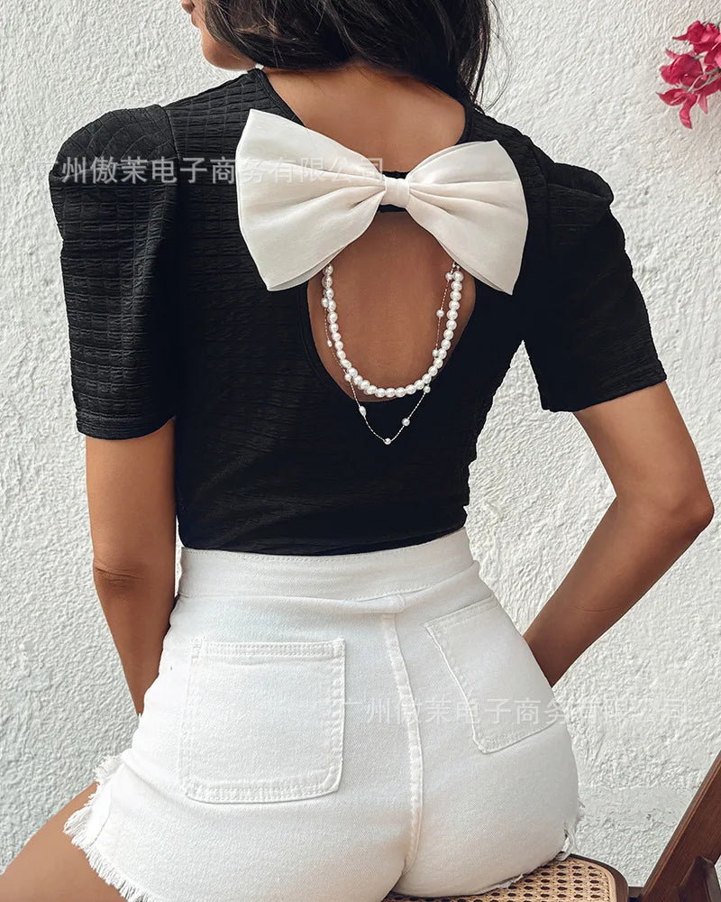 Effortless Bowknot Pearl Strap Knit Casual Tee for Women