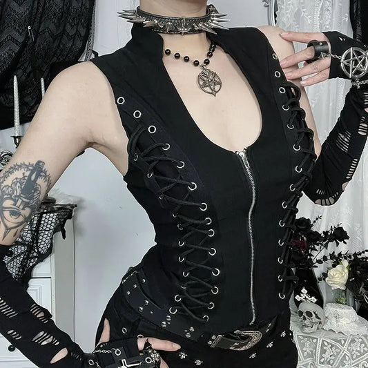 Dark Goth Straps Decorative Waist Zipper Vest Hip-hop Metal Rock Style Black Popular Suspender Feminine Outfit Tight Street Top