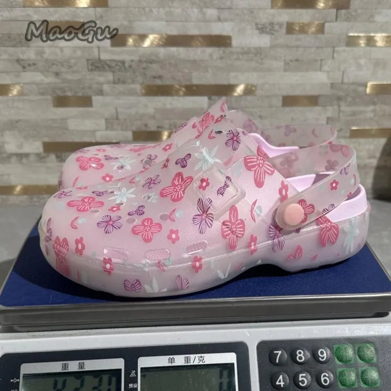 Casual Floral Print Transparent Wedge Sandals For Women