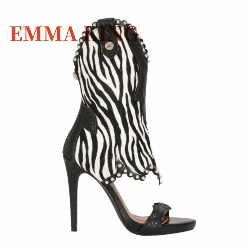Cow Print Cowboy Style High Heel Sandals for Women