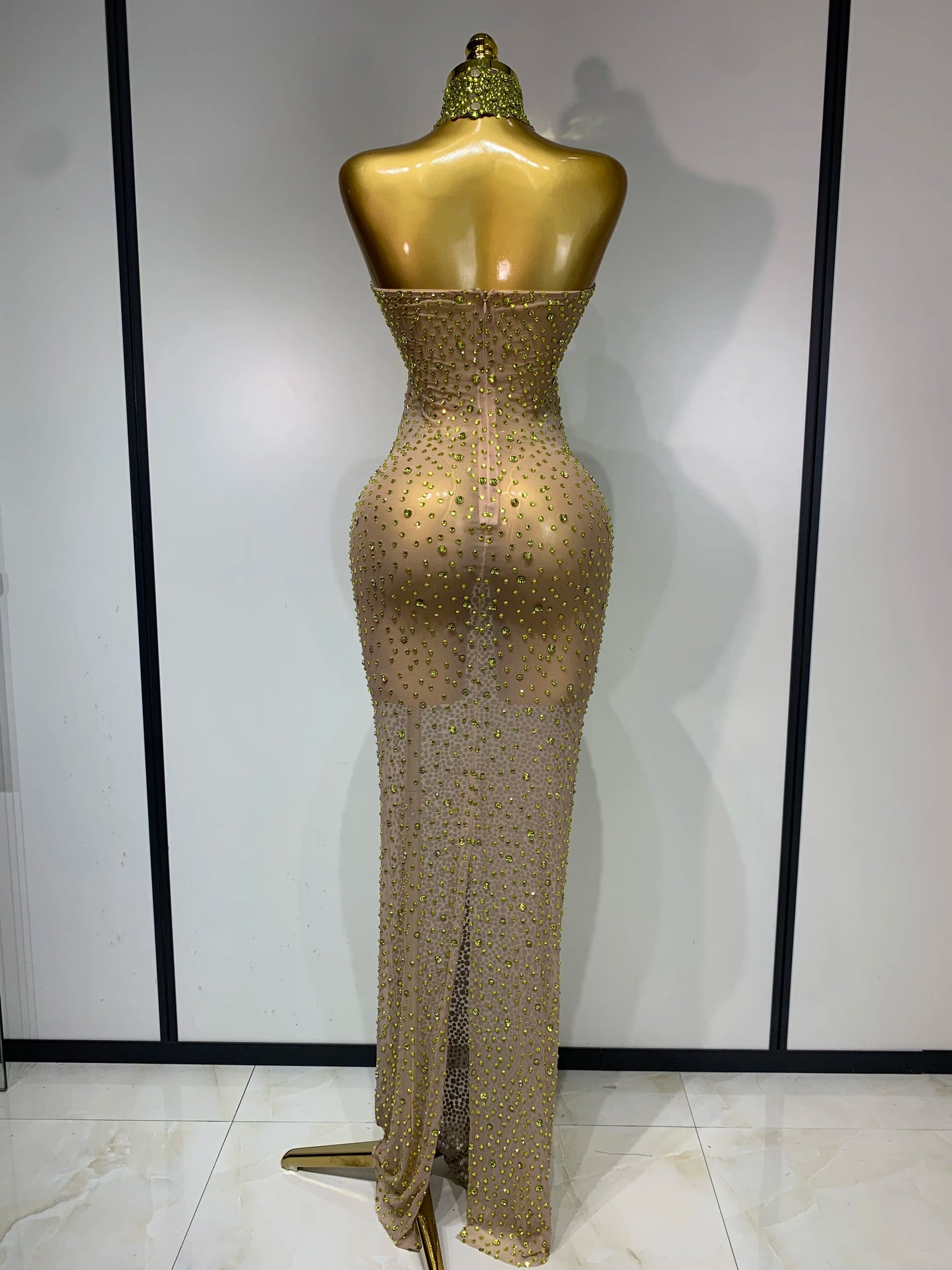 2025 New Sleeveless Mesh See Through Long Dress Sexy Backless Sparkly Rhinestone Dress Celebration Festival Evening Party Gowns