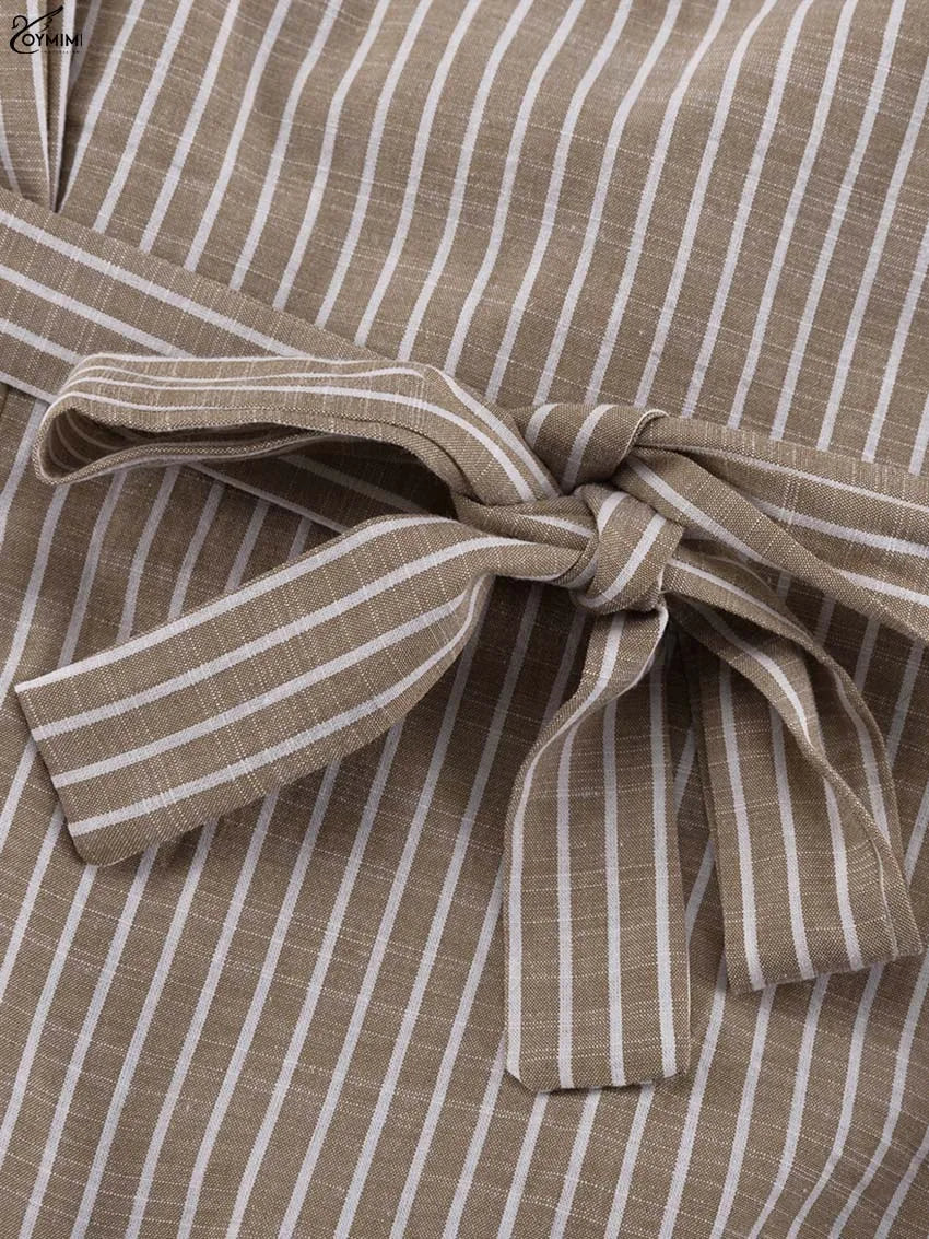 Oymimi Fashion Brown Striped Print Women Top Elegant Long Sleeve Pockets Lace-Up Blouses Spring Casual New Lapel Button Shirts