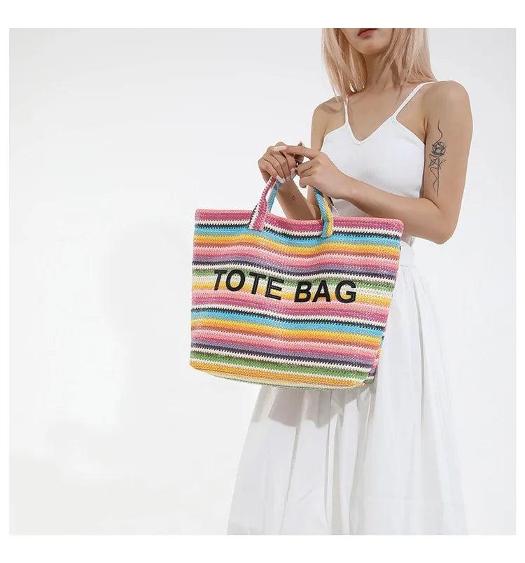 New straw woven bag, large capacity tote bag, crossbody striped letter contrasting beach bag