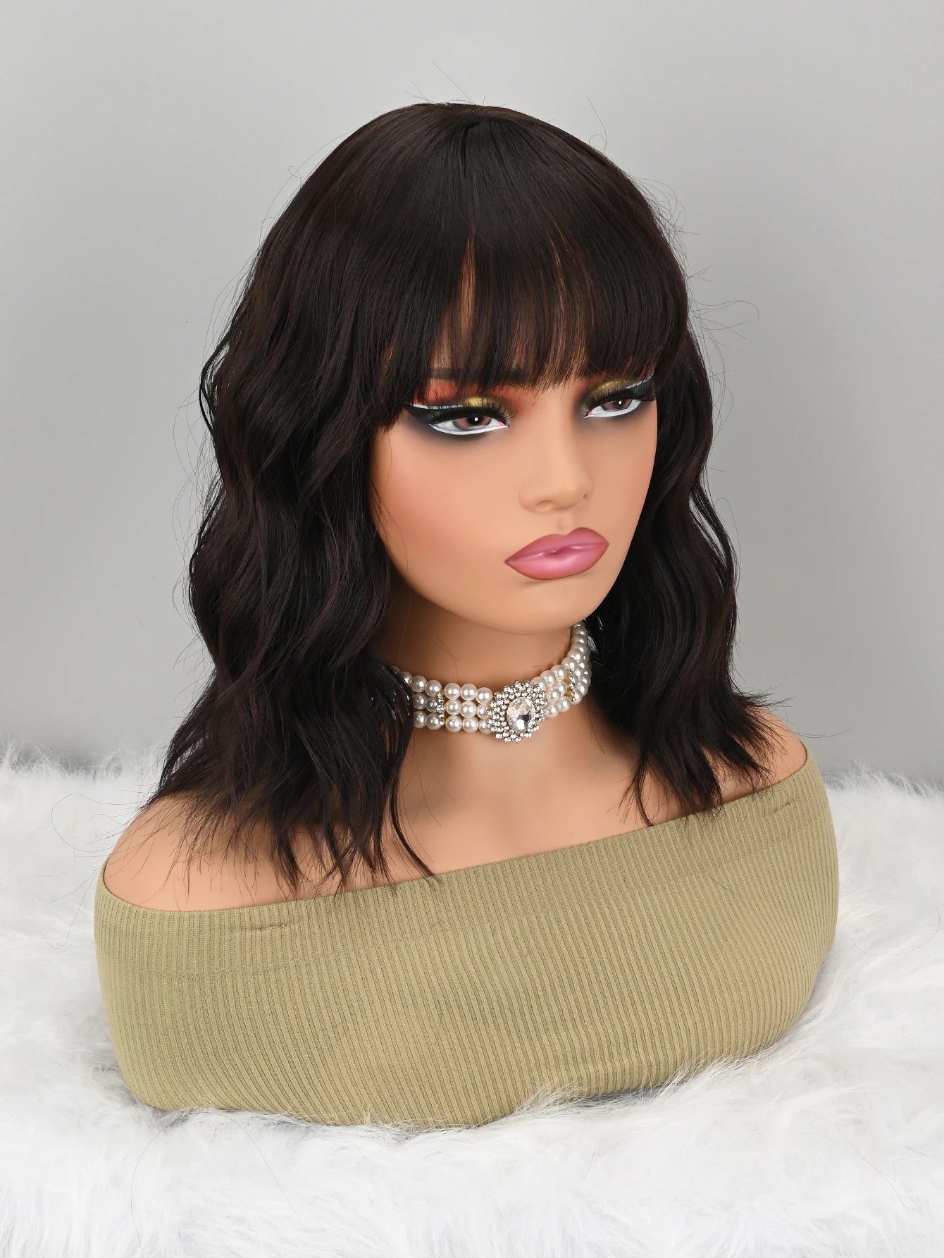 Natural Brown Synthetic Curly Wavy Bangs Bob Wig for Women