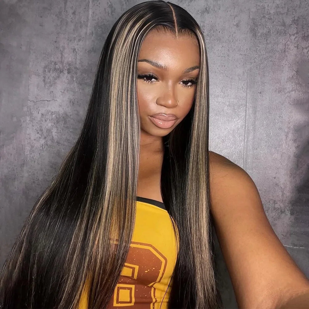 Uniisoe Highlight 613 with Black Straight Lace Front Human Hair Wigs 36 inch 200% Black Women13x4 Transparent Lace Brazilian Wig