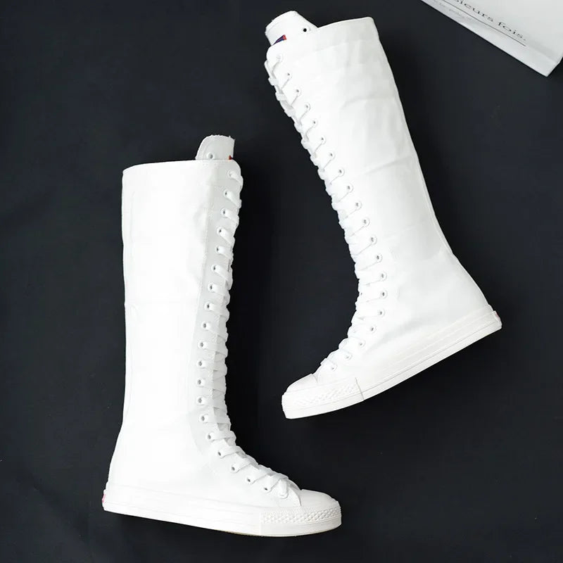 Casual Lace-Up Canvas Mid-Calf Flat Boots for Women