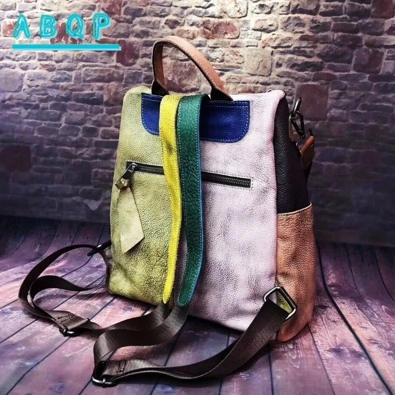 ABQP New Women's Backpack Luxury Brand Genuine Leather Handmade Color Women's Backpack Large Capacity Travel Leisure Backpack