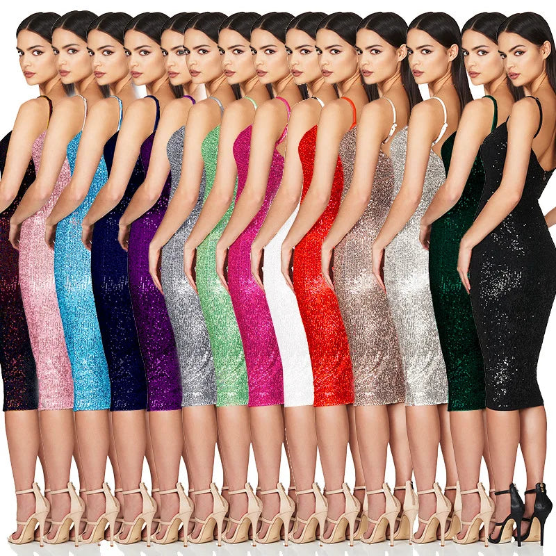 Glitter Sequin Spaghetti Strap Square Neck Bodycon Midi Dress for Women