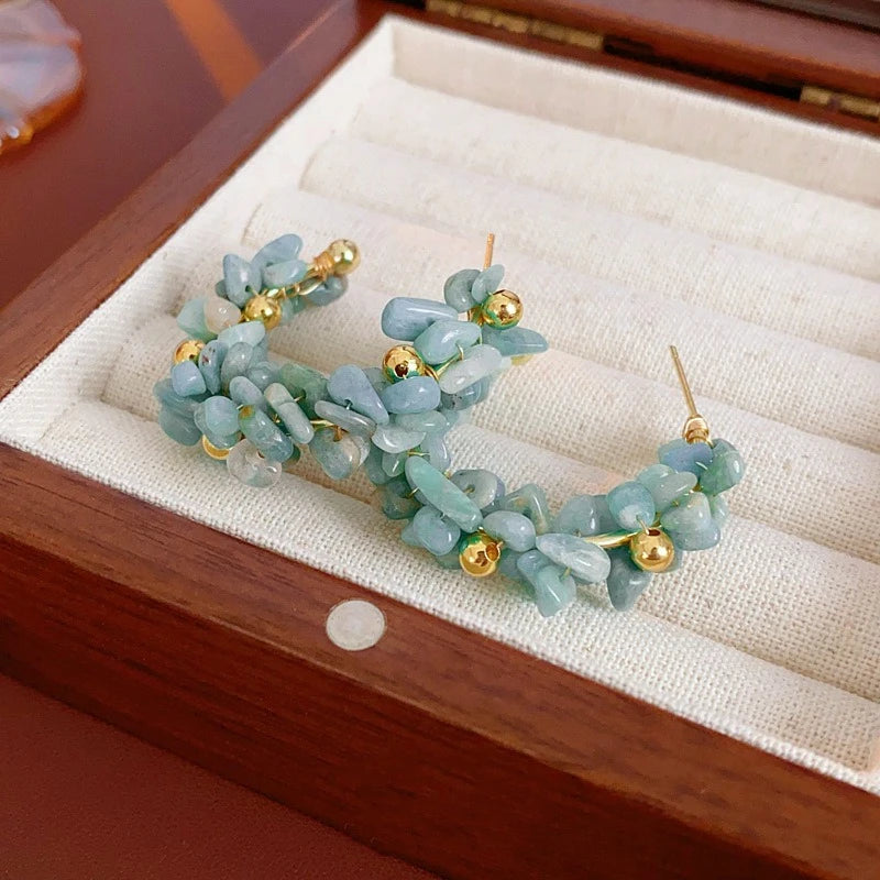 Navy Stone Irregular Hoop Earrings