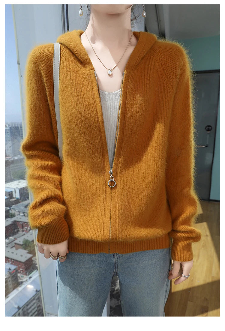Loose Hooded Cashmere Knit Zipper Cardigan for Women