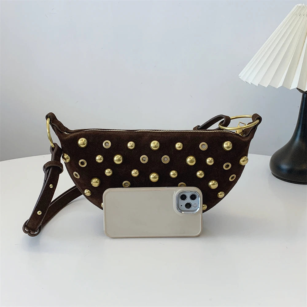 Faux Suede Rivet Half Moon Shoulder Bag for Women