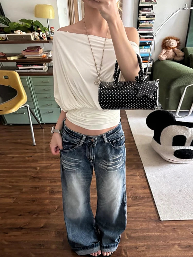 Off Shoulder Pleated Batwing Sleeve T Shirt for Women