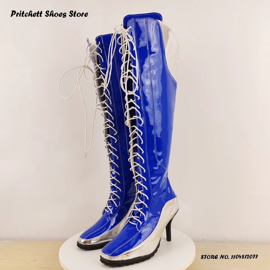 Square Toe Patchwork Lace Up Knee High Boots for Women