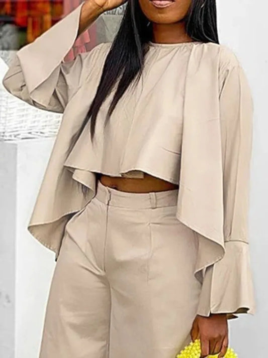 Beautyblue O-Neck High-low Tshirts Fashion Woman Clothing Casual Loose Pleated Lotus Leaf Sleeve Y2k Cotton Blouses&Shirts Tops